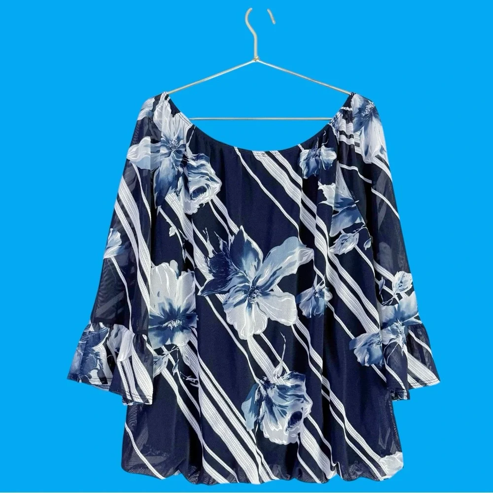 Espresso Floral 3/4 Ruffle Sleeve Pullover Chiffon Blouse Women’s XL Navy - Picture 3 of 10